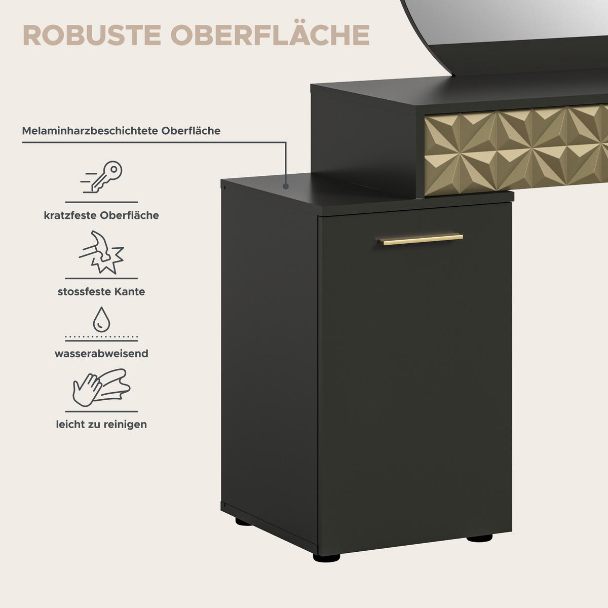 SCHMINKTISCH Prisma Schminktisch in schwarz Melamin und gold hochglanz B/H/T: 117x137x42 cm - Schwarz, Holzwerkstoff (117/138/42cm)