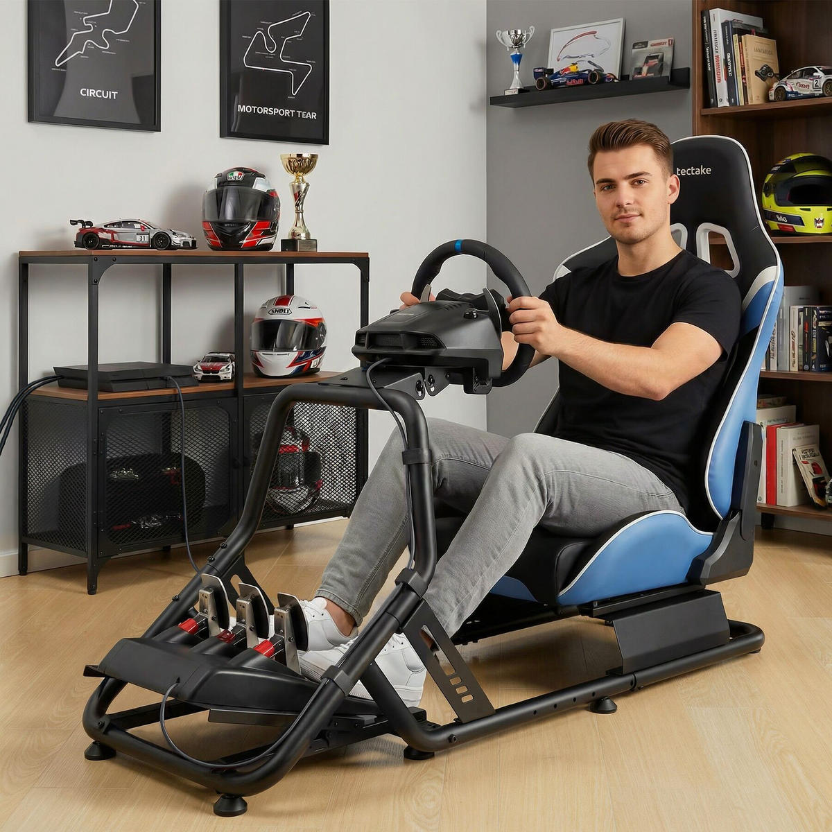 GAMINGSTUHL Play Racing-Cockpit, GT-Style, Logitech/Fanatec kompatibel, schwarz/azurblau,57 x 144 x 108,5 cm - Schwarz/Hellblau, Metall (57/62/220cm) - tectake