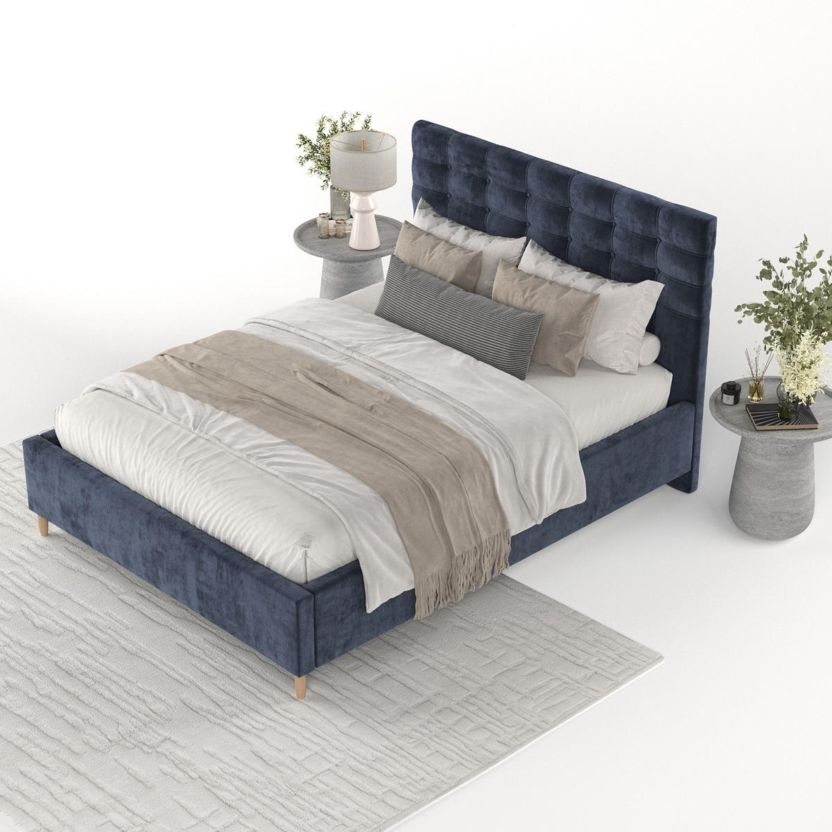 POLSTERBETT Soma 140/200 cm Marineblau im Lotta Stoff - Naturfarben/Dunkelblau, Holz/Holzwerkstoff (140/200cm) - AltaBeds