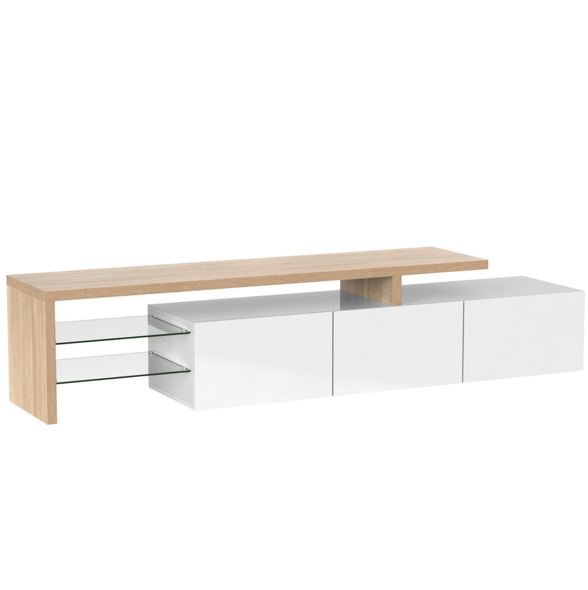 LOWBOARD 197.5/39/42 cm in Natur/Weiß aus MDF und Glas mit LED-Beleuchtung - Weiß, Holzwerkstoff (39/42/197.5cm) - OKMYHOME
