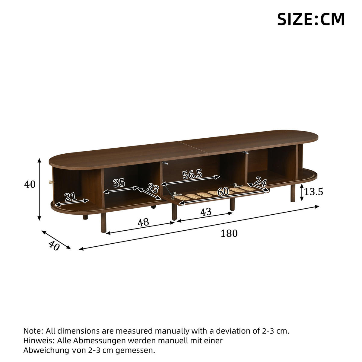 LOWBOARD 180/40/40 cm mit Klapptür, 2 Rollladentüren und 5 Fächern in Rattanoptik, Walnussfarben - Braun, Holzwerkstoff (180/40/40cm) - Redom