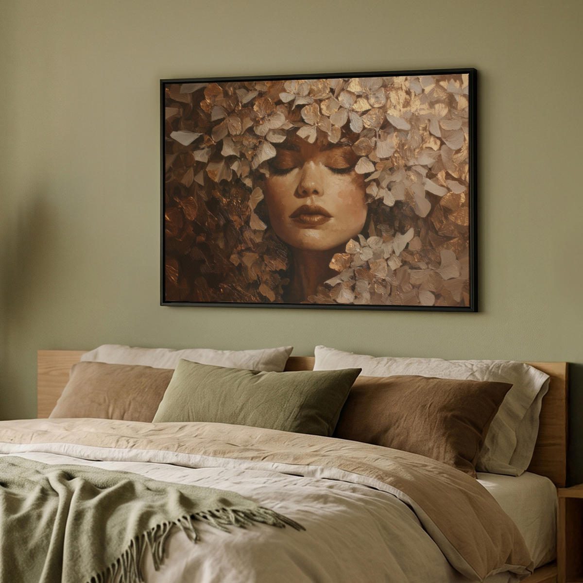 LEINWAND Bilder mit Rahmen - Gesicht - Dame - Blätter - Pinselstriche - 100x70 - Goldfarben, Textil (100/70cm) - MuchoWow