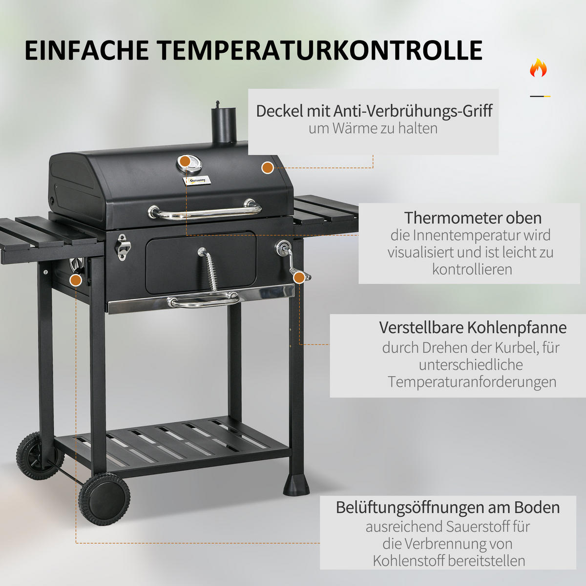 HOLZKOHLEGRILL - Schwarz, Metall (64/114/120cm) - Outsunny