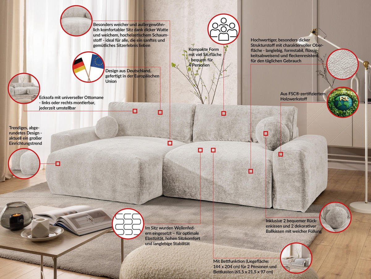 ECKSOFA Puffy mit Schlaffunktion und Bettkasten - besonders weich und puffig aus Beige Stoff mit Chenillestruktur - Ottomane links - Beige/Schwarz, Holz/Kunststoff (138/266cm) - S-Style Möbel