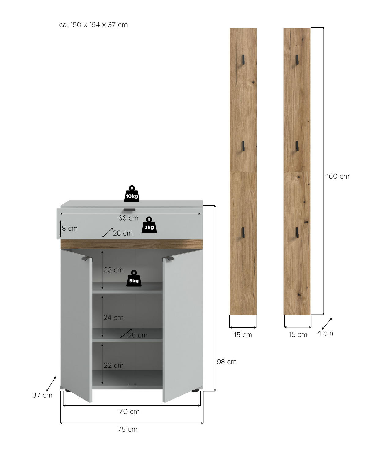 GARDEROBEN-SET NARO 3-tlg. (B/H/T: ca. 150/194/37 cm) in grau/grau - Grau, Holzwerkstoff (150/194/37cm)