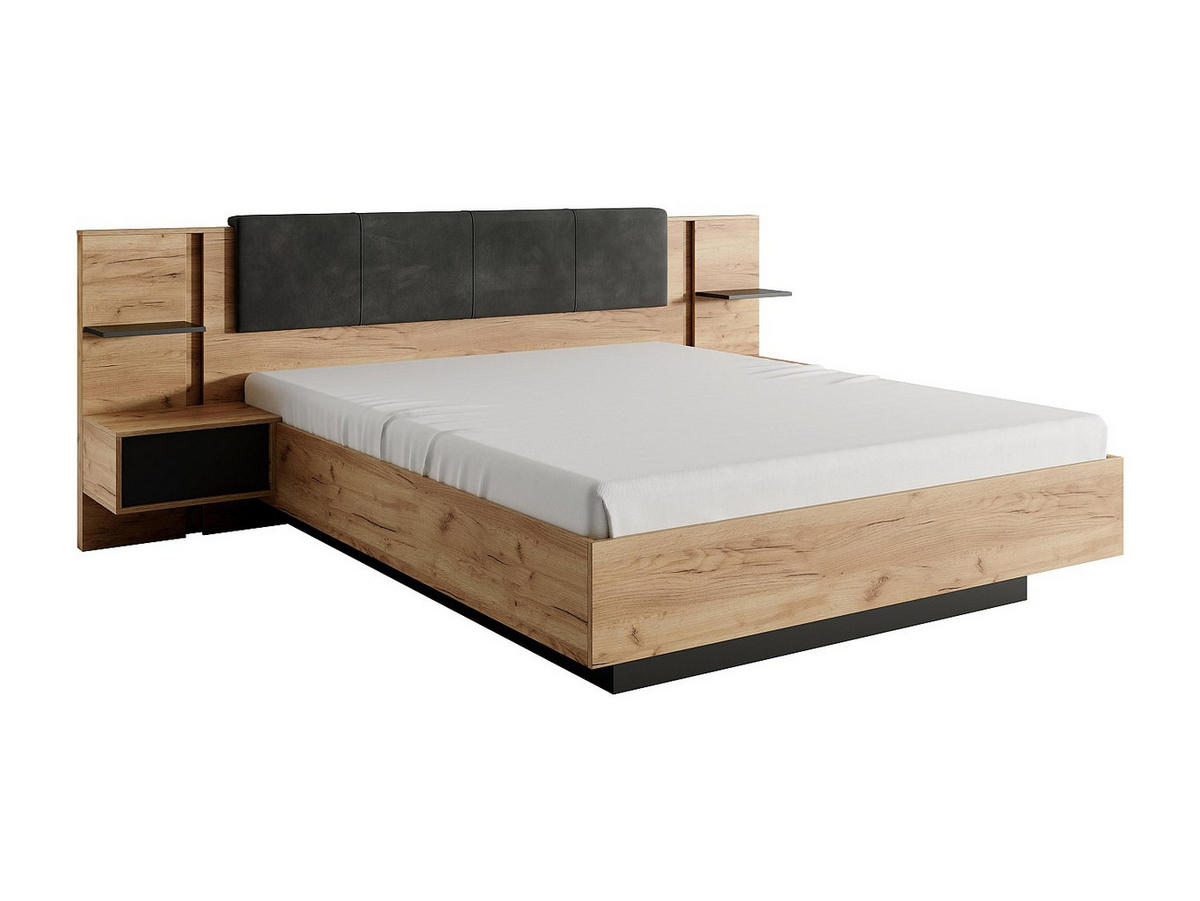 BETTRAHMEN - 2 Personen - stoff - anthrazitgrau, naturfarben hell Elynia - Anthrazit/Naturfarben, Holz/Holzwerkstoff (160/200cm) - Vente-Unique