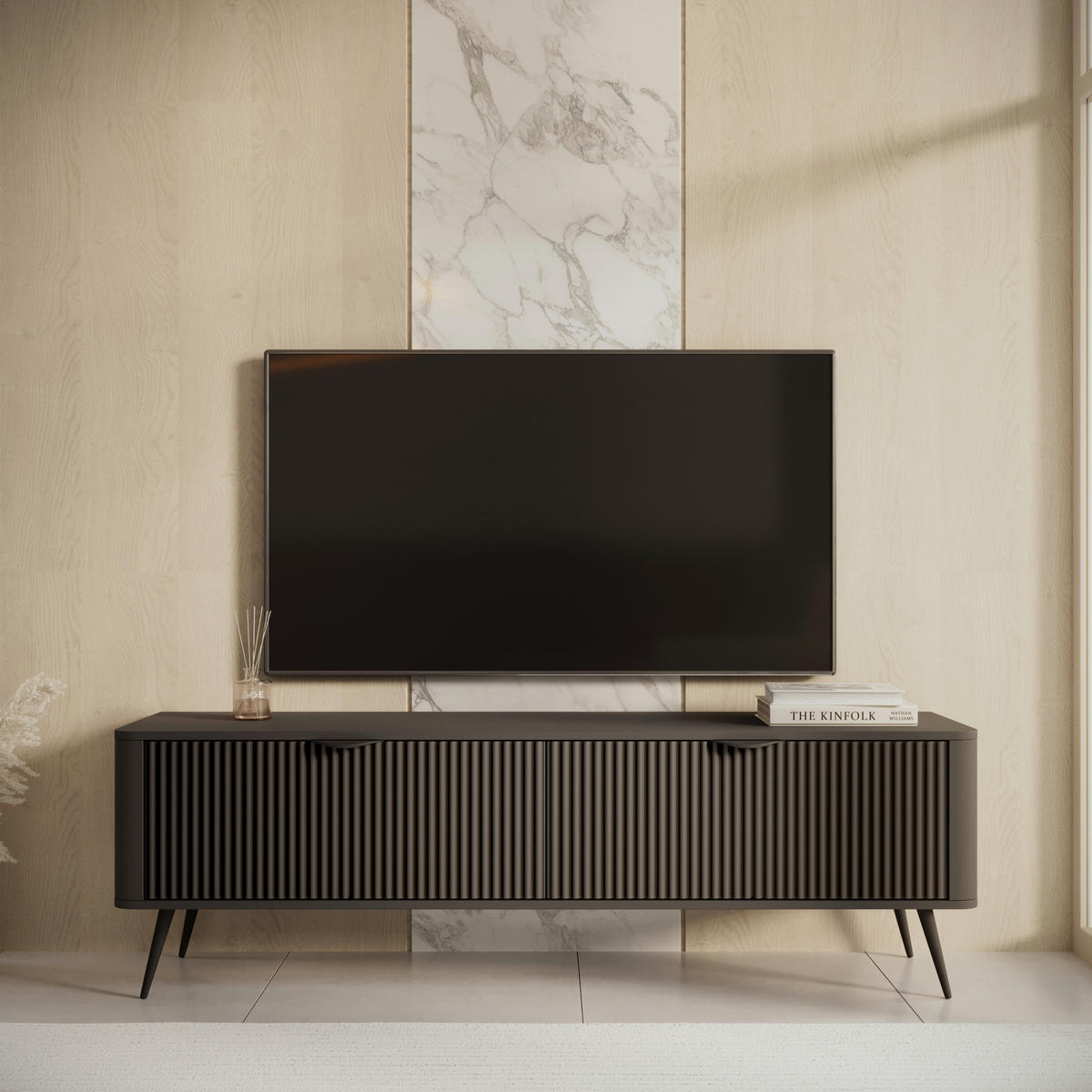 TV-ELEMENT LEKNES RTV1 Reliefierte Fronten aus MDF-Platte Schwarz Schwarz - Schwarz, Glas/Holzwerkstoff (163/51/38cm) - Komodee