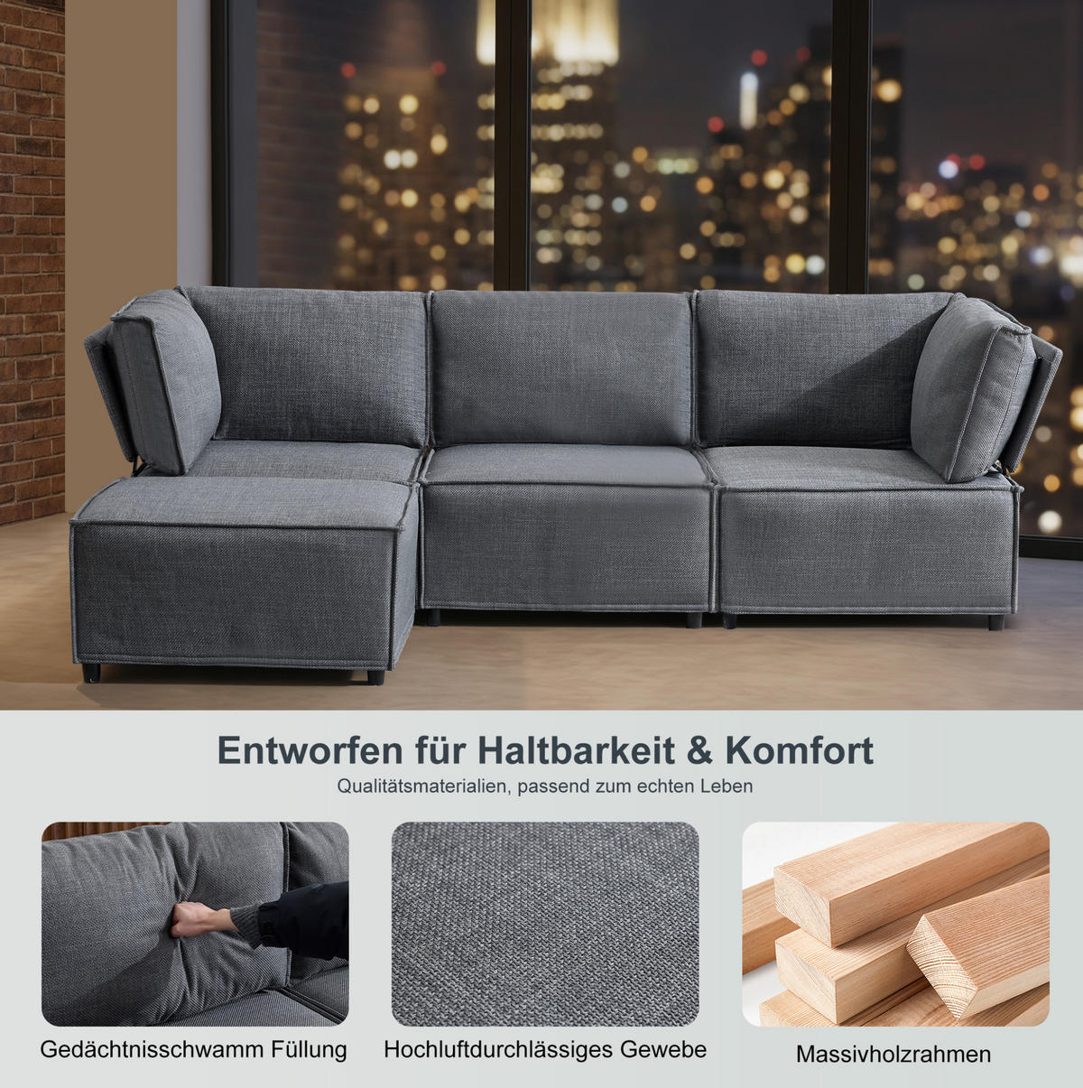 SOFAGARNITUR modular Dunkelgrau - Dunkelgrau, Holz (154/238cm) - Meubliv