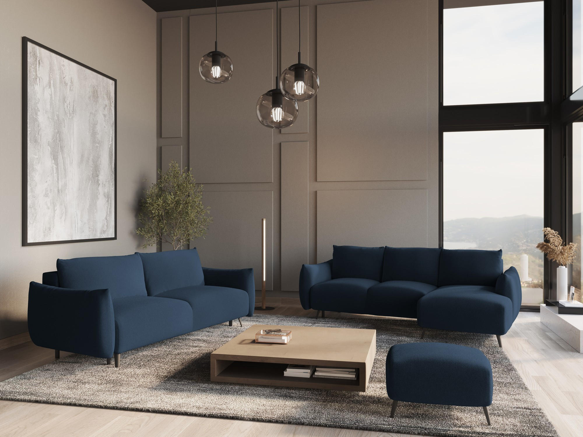 Thumbnail - Makamii Ecksofa, Dunkelblau, Textil, 3-Sitzer, Füllung: Schaumstoff, L-Form, Ottomane rechts, 242x162 cm, Made in EU, Wo...