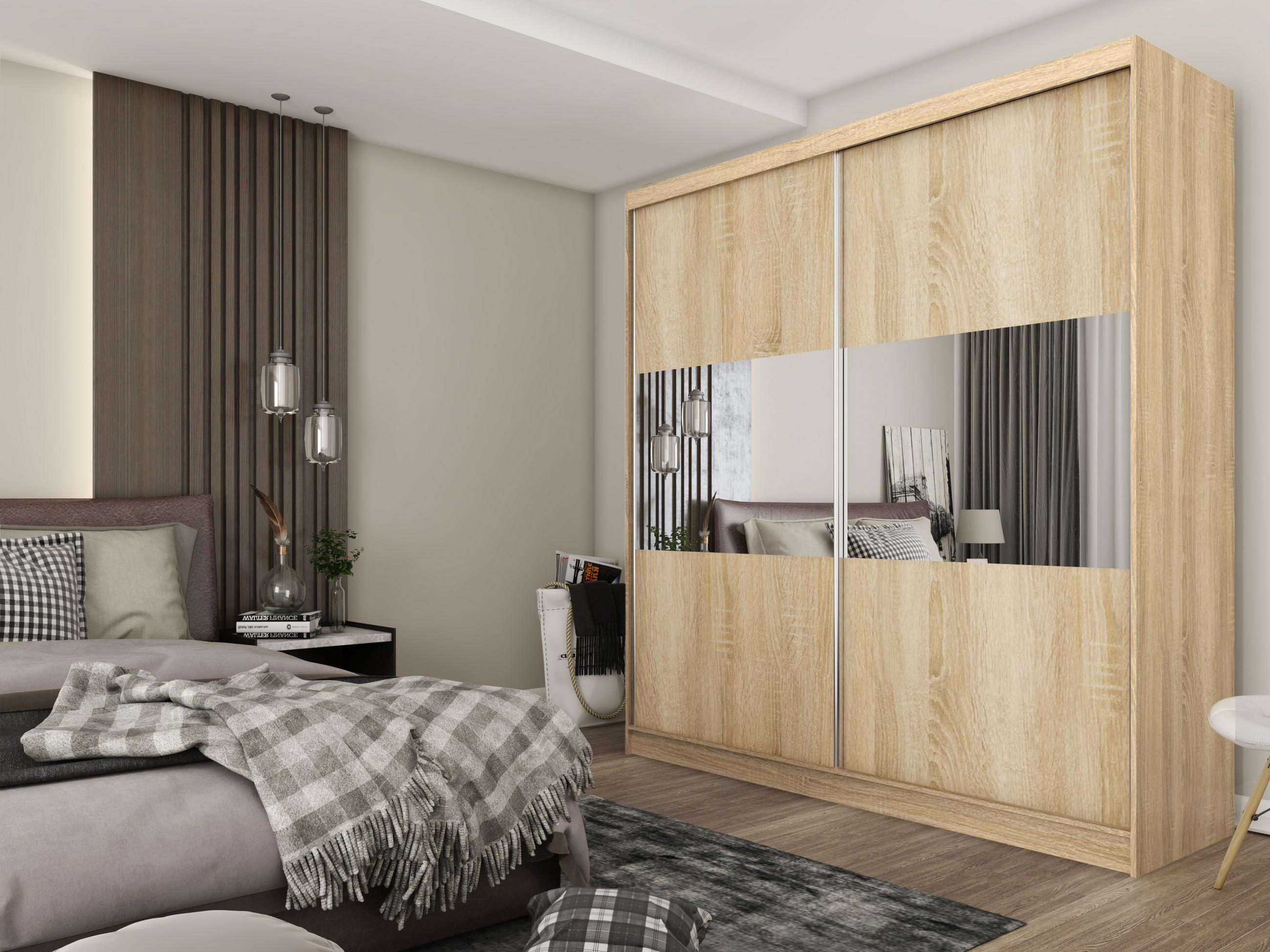 SCHWEBETÜRENSCHRANK ROSALIA 200/216/61 cm 2-türig mit Spiegel Sonoma Eiche - Sonoma Eiche, Holzwerkstoff (200/216/61cm) - MASSENO