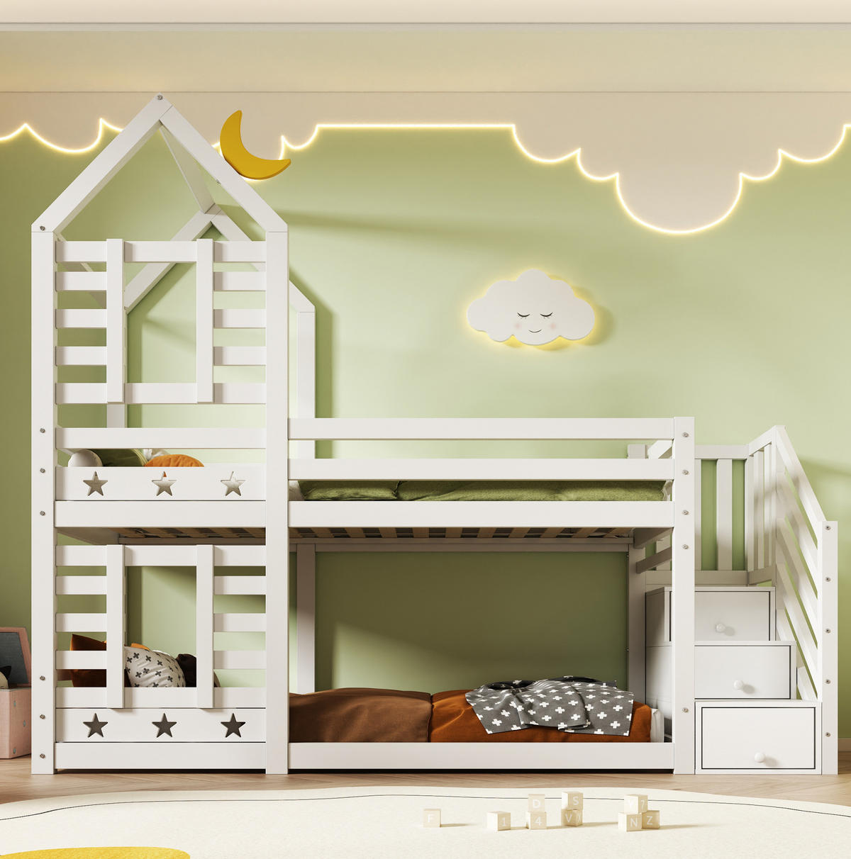 ETAGENBETT Baumhaus 90/200 cm Weiß mit Schubladen und Rausfallschutz - Weiß, Holzwerkstoff (90/200cm) - OKWISH
