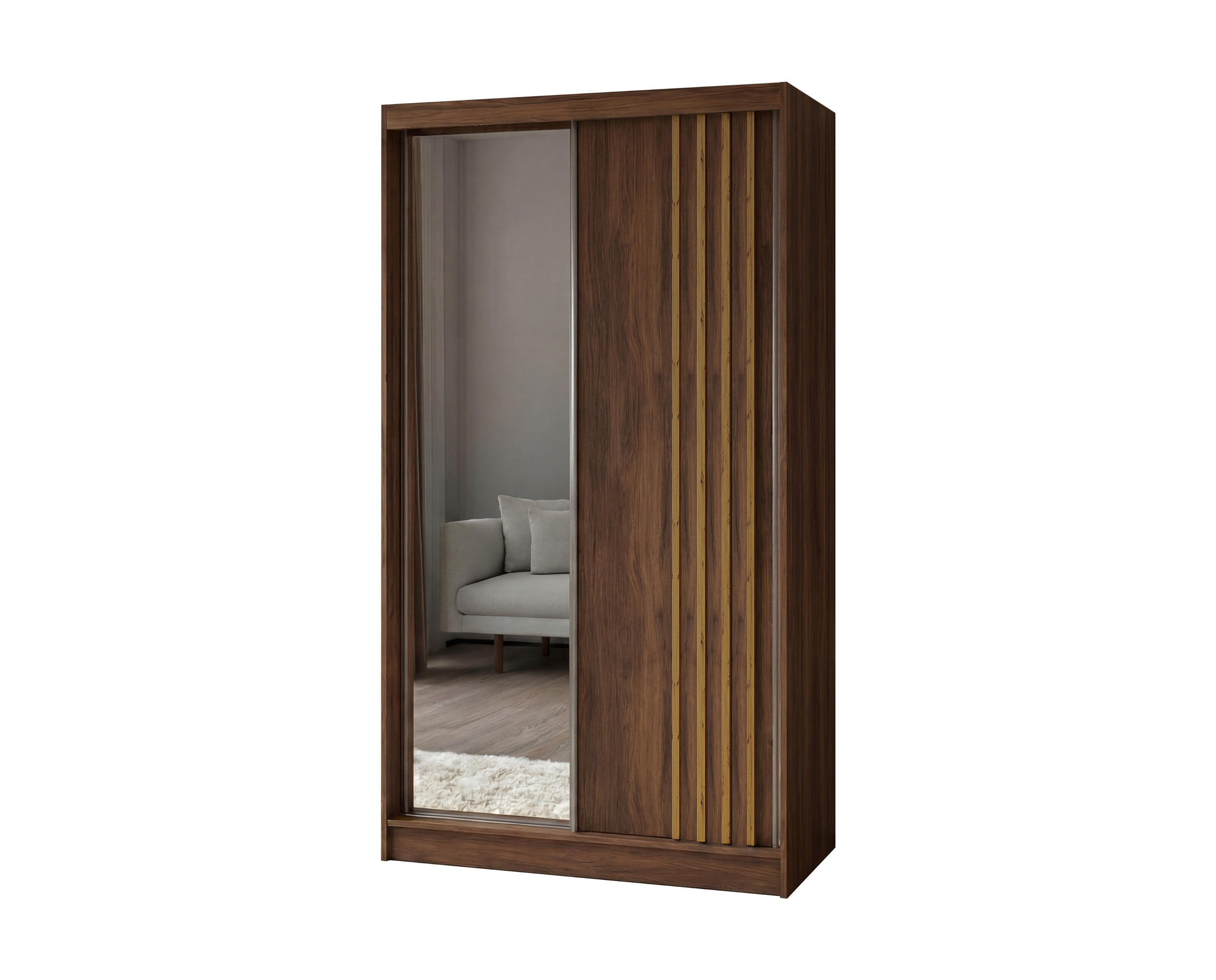SCHWEBETÜRENSCHRANK Neli 120 cm mit Lamellen und Spiegel 2-türig, Nuss Warmia, Lamelle artisan - Dunkelbraun/Eiche Artisan, Kunststoff (120/216/61cm) - Margaret Hadas24