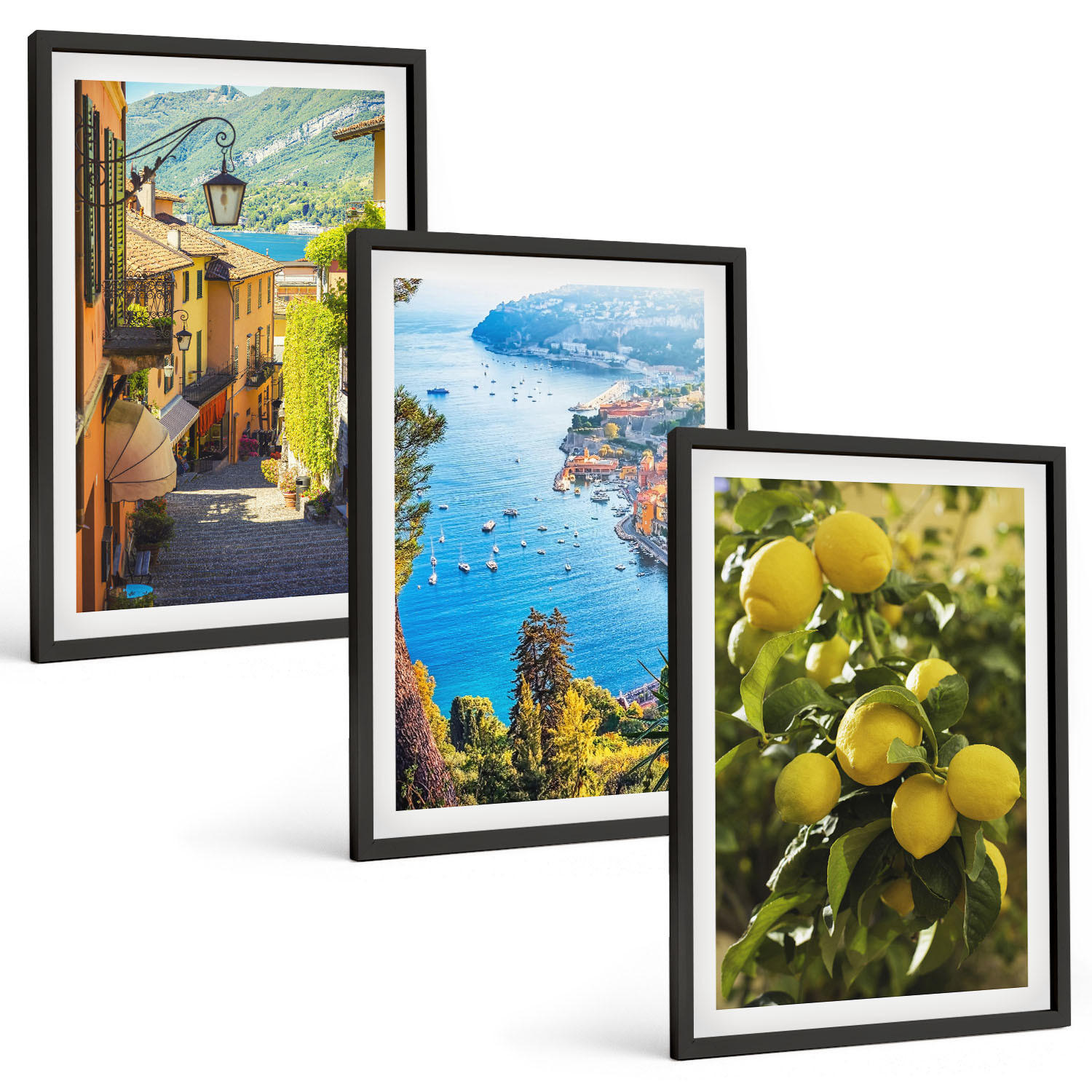 BILDER SET 3er Set - 40x60 cm Schwarzer Rahmen - Straßen am Meer, ein Meer aus Zitronen - Schwarz, Kunststoff (40/60cm) - TULUP