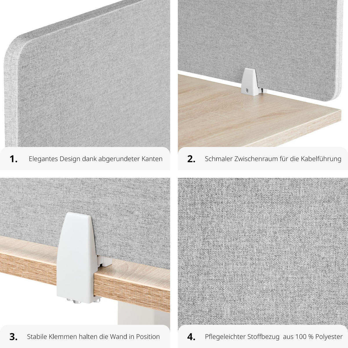TRENNWAND für Schreibtisch Noisy,inkl. 2 Befestigungsklemmen,grau - Grau, Kunststoff (2.2/160/40cm) - tectake