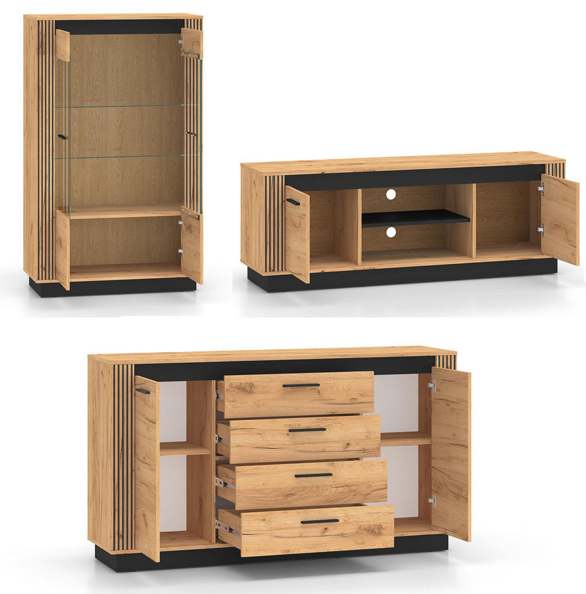 WOHNZIMMER-SET Urso 3-teilig Gold Craft Eiche / Schwarz - Eichefarben/Schwarz, Holz/Holzwerkstoff (402/141/40cm) - Feldmann-Wohnen