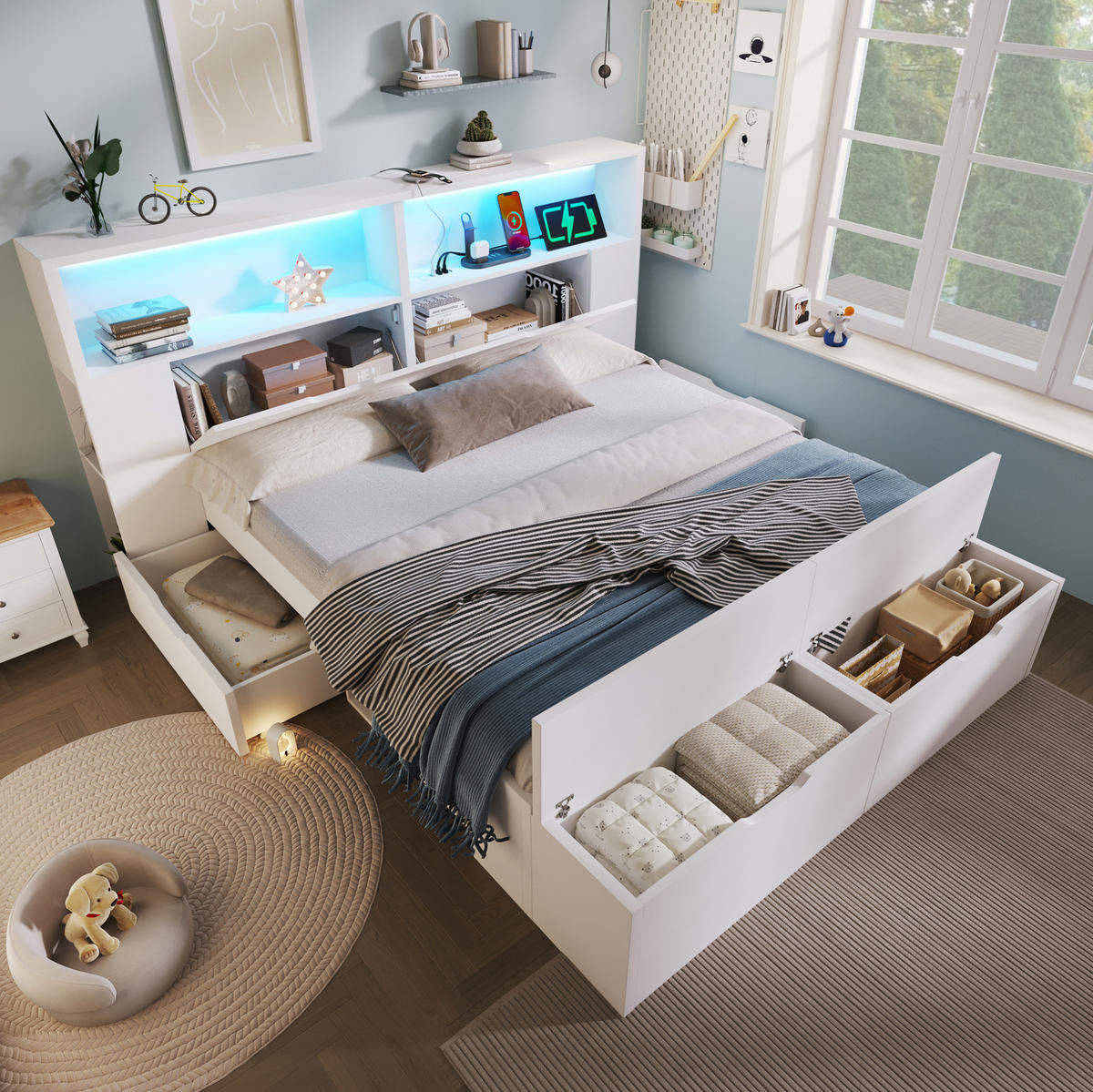 POSTEL 140/200 cm s LED osvětlením, USB porty, úložným prostorem, zásuvkami a lavicí, Bílá - bílá, kompozitní dřevo (140/200cm) - Redom