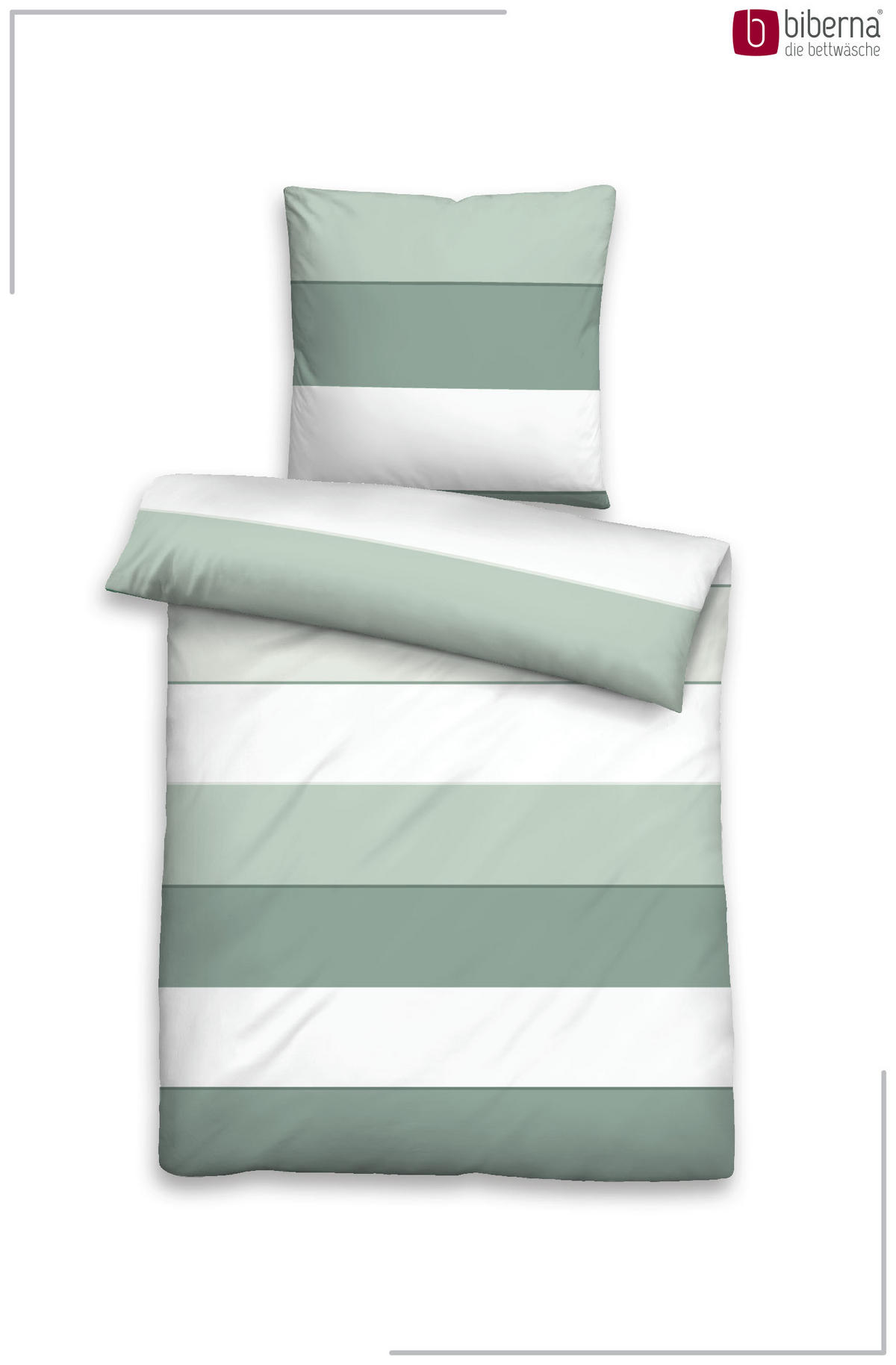 BETTWÄSCHE-GARNITUR Satin Blockstreifen salbei, 135x200 cm + 80x80 cm - Salbeigrün, Textil (135/200cm) - biberna