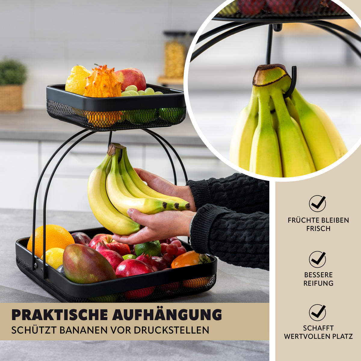 OBSTETAGERE mit Bananenhalter, schwarz, eckig - Schwarz, Metall (31/38.5cm) - eluno
