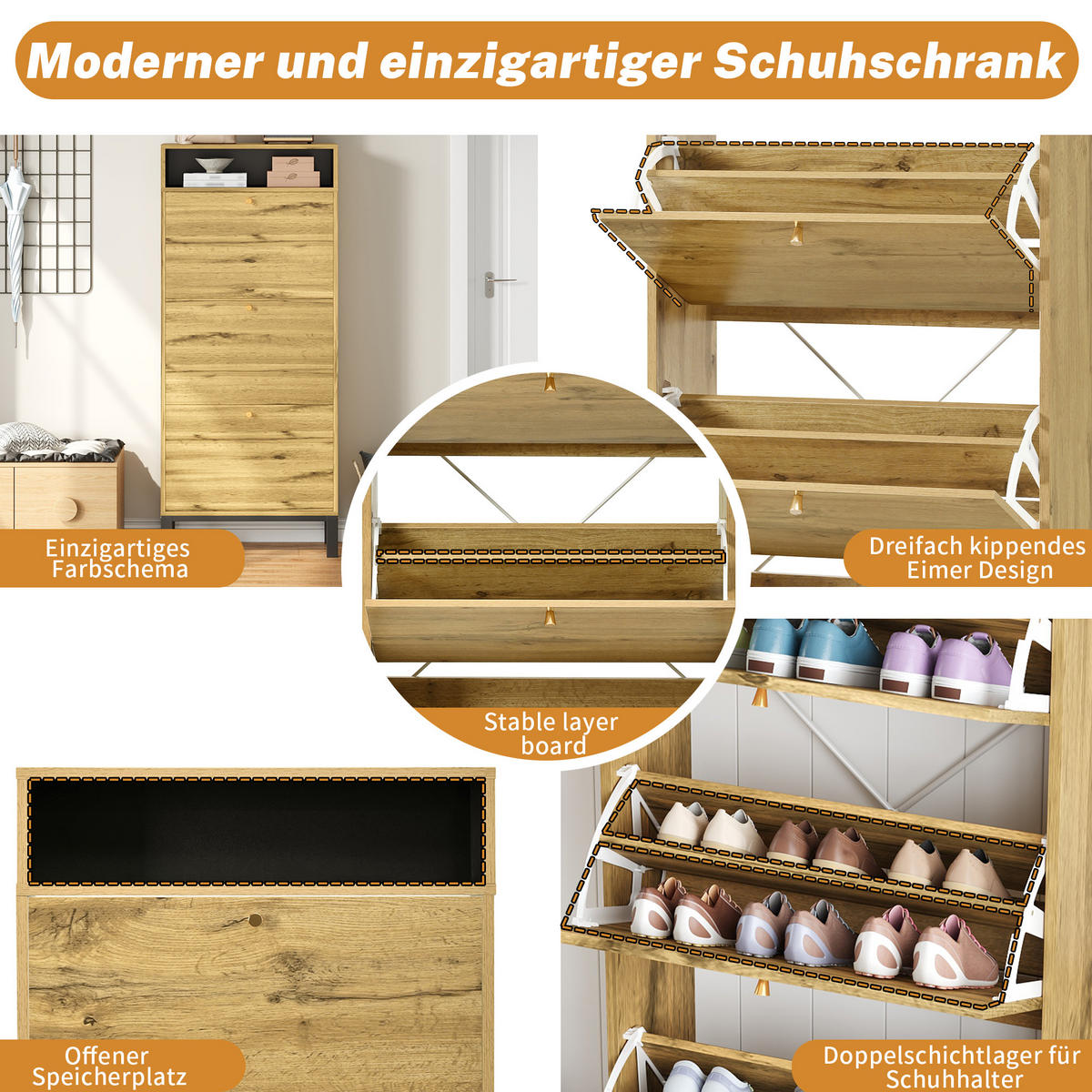 HOCHSCHUHSCHRANK 63/24/147 cm mit 3 Klappen in Naturfarbe, schmales Design - Naturfarben, Holzwerkstoff (63/147/24cm) - BEAOK