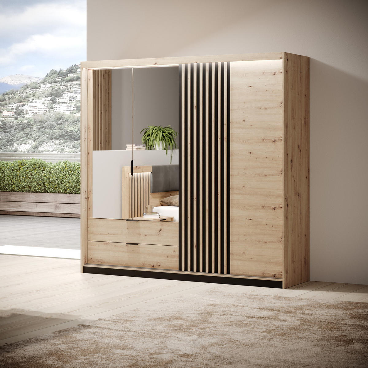 KLEIDERSCHRANK 220 cm mit Spiegel Arcadia, Schubladen, Eiche Artisan - Eiche Artisan, Holz (220/210/60cm) - Emporius