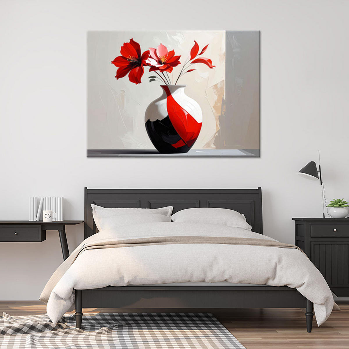 BILD auf Leinwand, Rote Blumen in einer modernen rot-weißen Vase - Rot, Textil (120/80cm) - Feeby