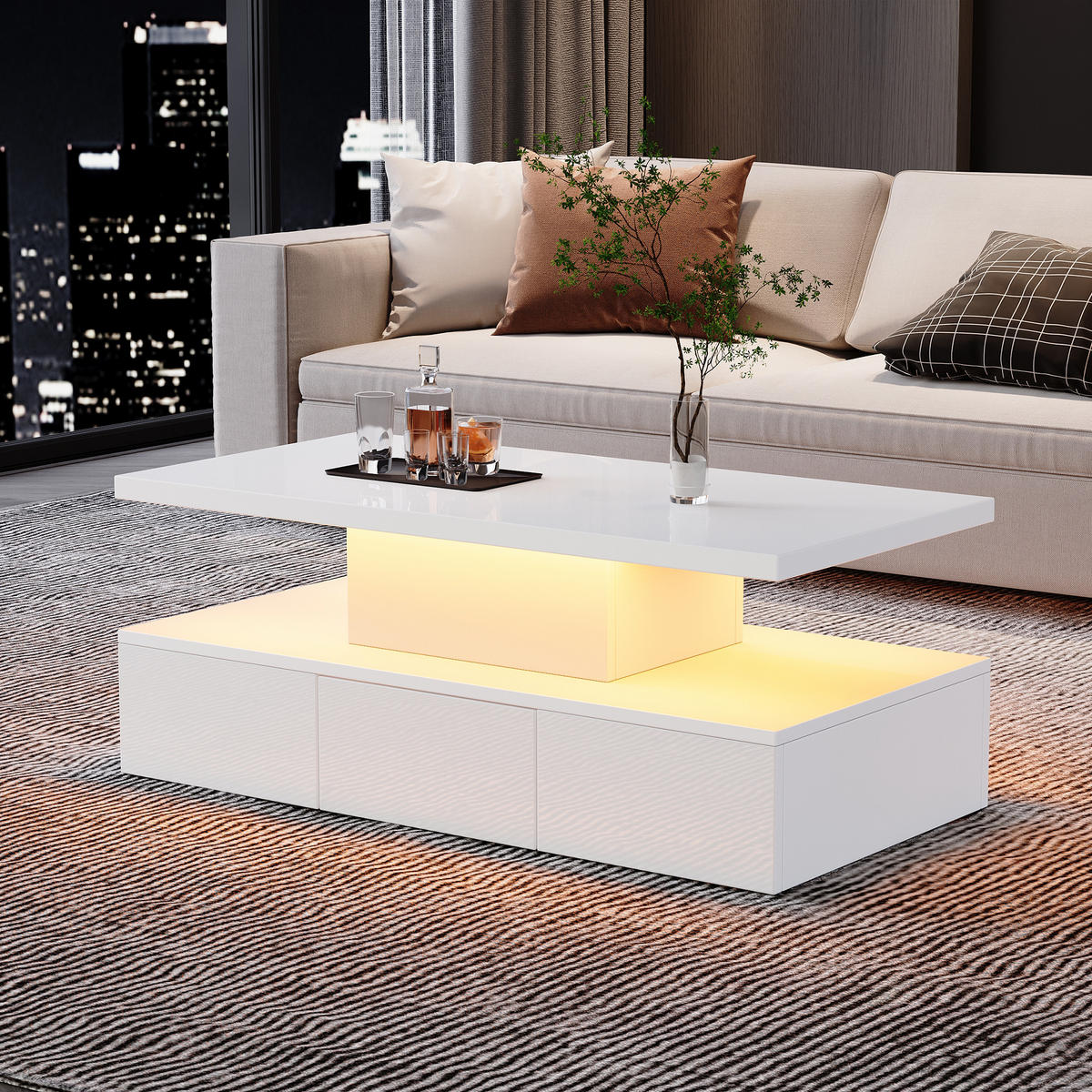 COUCHTISCH in Weiß LED-Kaffeetisch mit Ausstellungsregal und 1 Schiebeschubladen für Wohnzimmer, B100/T50/H39cm - Weiß, Holzwerkstoff (50/100/39cm) - STILVORA