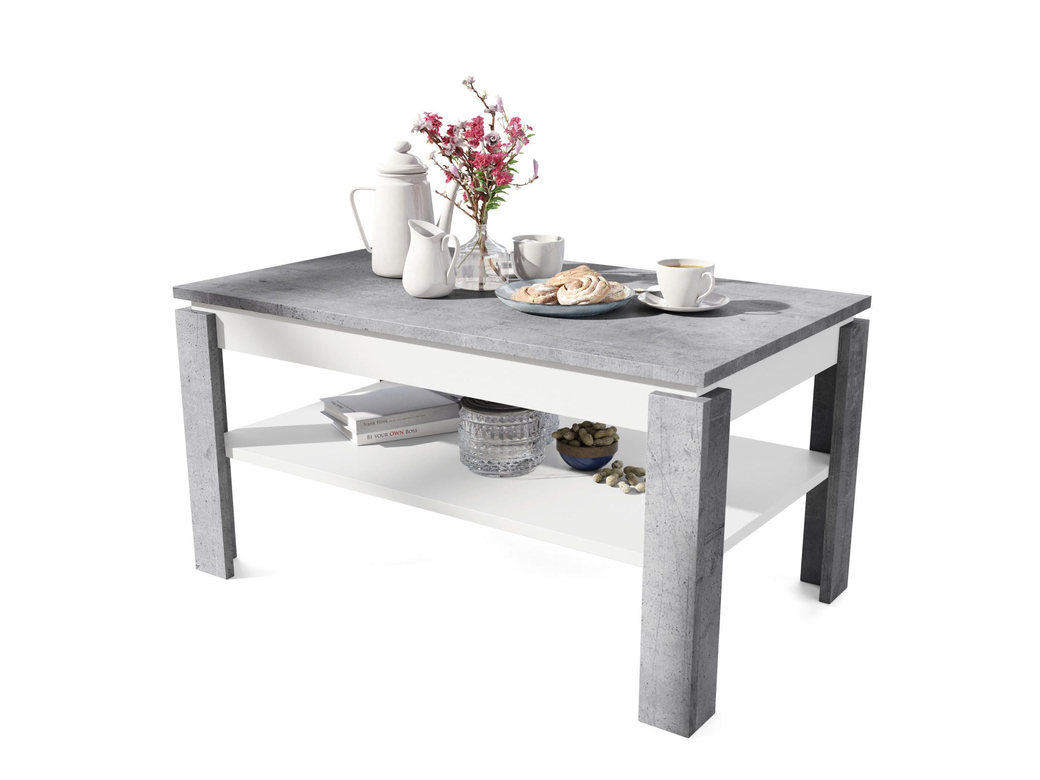 COUCHTISCH rechteckig Beton Weiß höhenverstellbar 100/60/55 cm - Hellgrau/Weiß, Holzwerkstoff (60/100/55cm) - designimpex