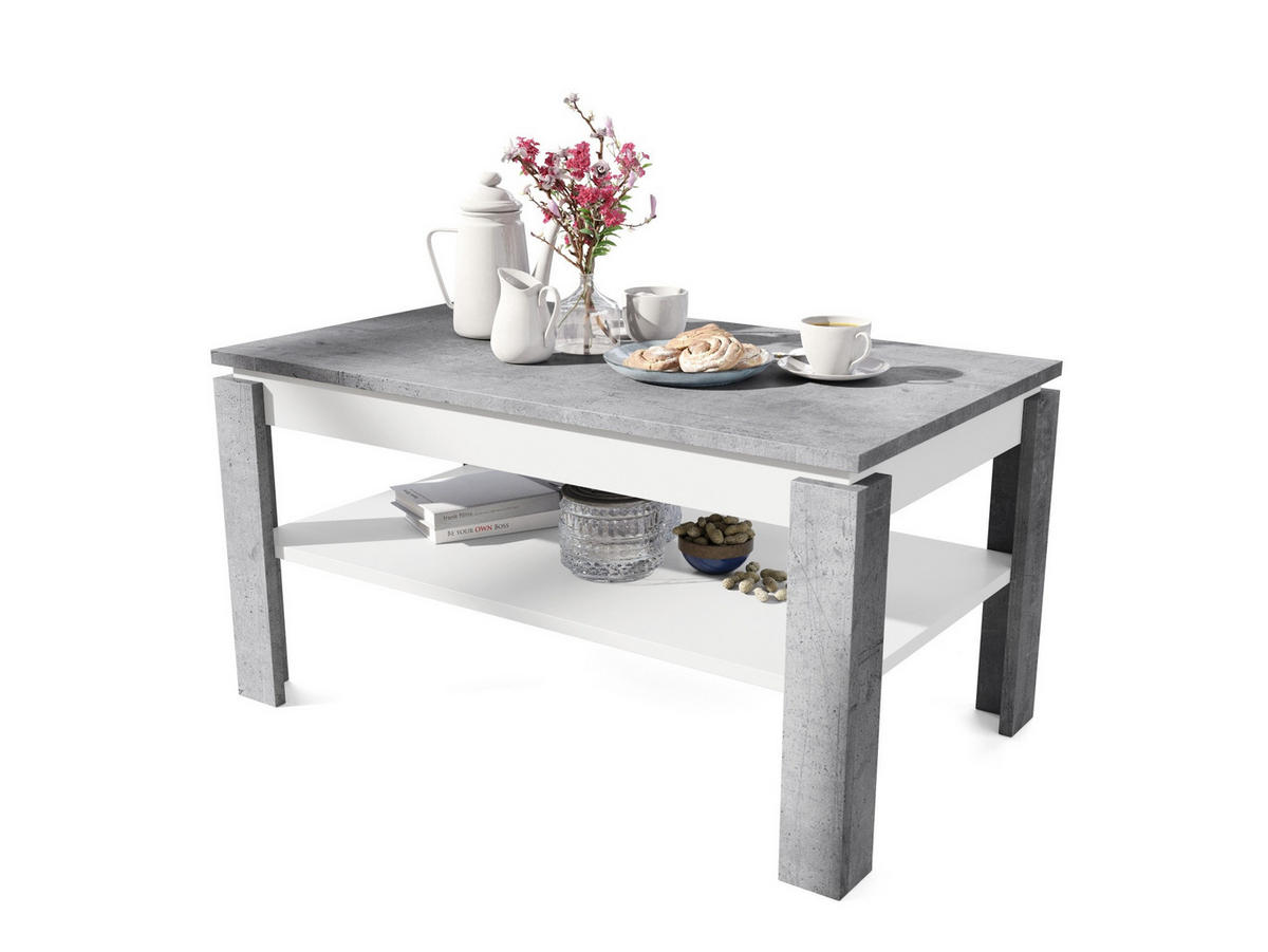 COUCHTISCH rechteckig Beton Weiß höhenverstellbar 100/60/55 cm - Hellgrau/Weiß, Holzwerkstoff (60/100/55cm) - designimpex