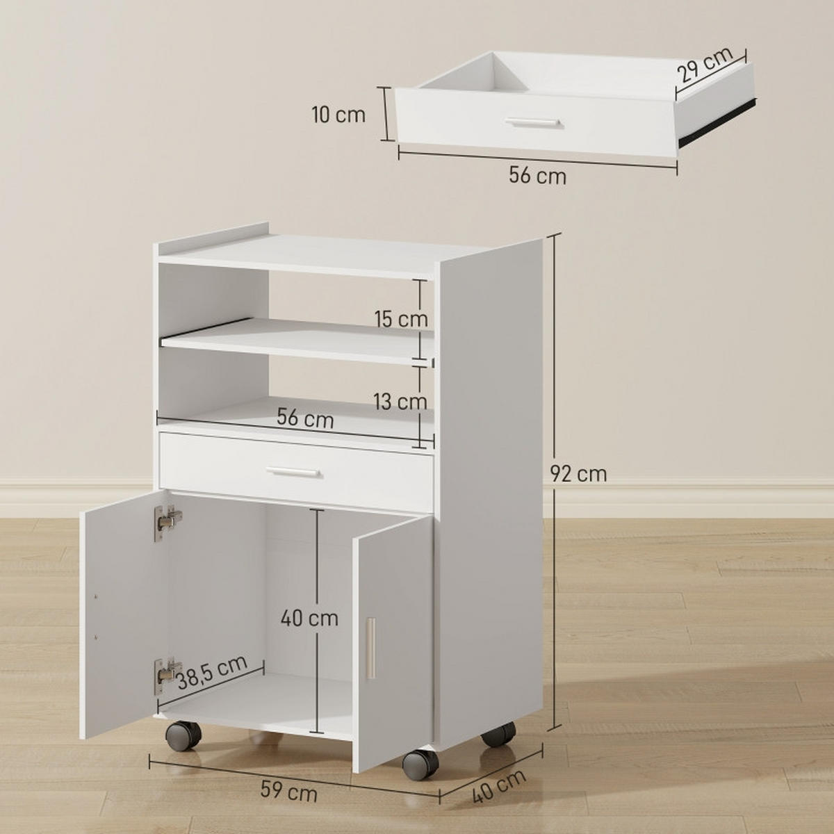 SERVIERWAGEN DE-38795 4 Rollen und viel Stauraum Weiß - Weiß, Holzwerkstoff (59/92/40cm) - ComfortXL