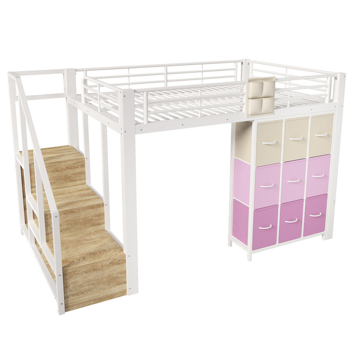 HOCHBETT 140/200 cm weiß aus Metall und MDF mit Stauraumtreppe - Weiß, Holzwerkstoff (140/200cm) - OKWISH