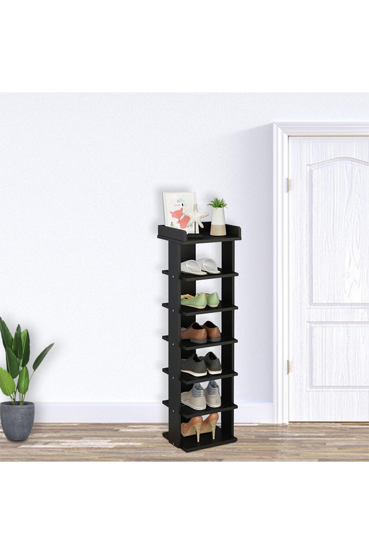 SCHUHREGAL 7-Stufige aus MDF in Schwarz Stabile Konstruktion Offene Ablage Platzsparendes Design 25 x 27 x 104 cm - Schwarz, Kunststoff (25/104/27cm) - Livingandhome
