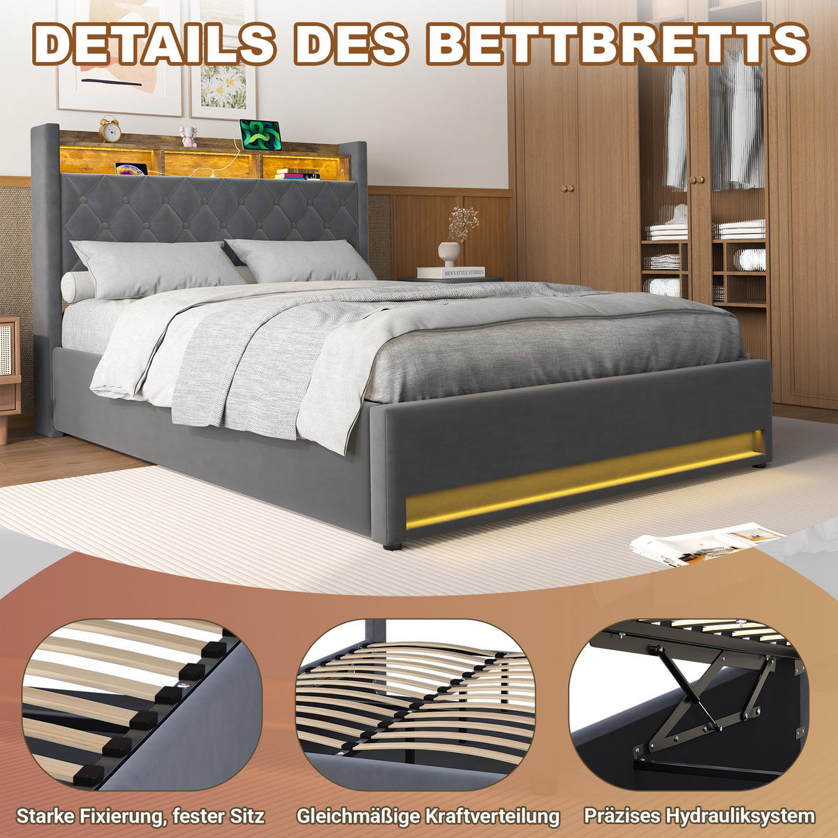 POLSTERBETT 140/190 cm in Grau Samt mit Bettkasten, LED-Beleuchtung und USB-Anschluss - Grau, Holzwerkstoff/Textil (140/190cm) - CHICFURN