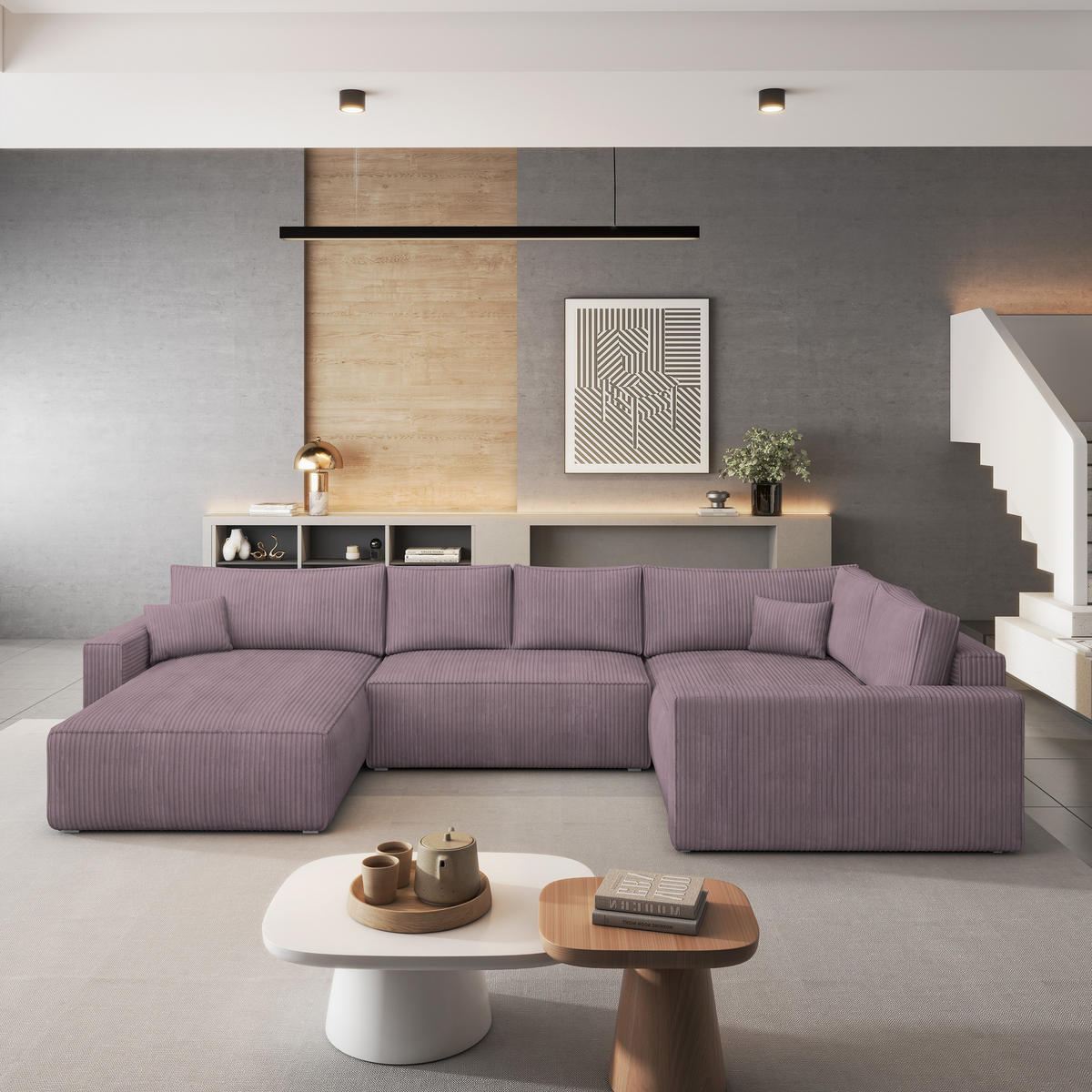 ROHOVÁ SEDAČKA VELAMI šeříková - šedá/šeříková, dřevo/textil (365/194cm) - MASSENO