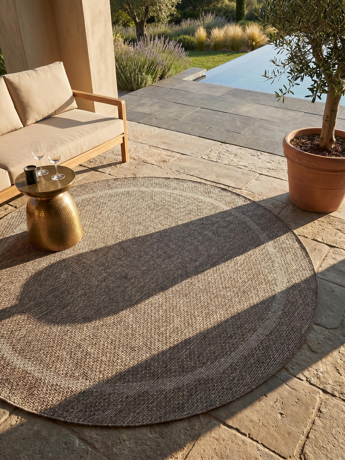 BALKONTEPPICH Einfarbig Wetterfest Waschbar Küche Balkon OEKO-TEX Rund Braun 200x200 cm – ALSTER - Braun, Textil (200/200cm) - KADIMA DESIGN