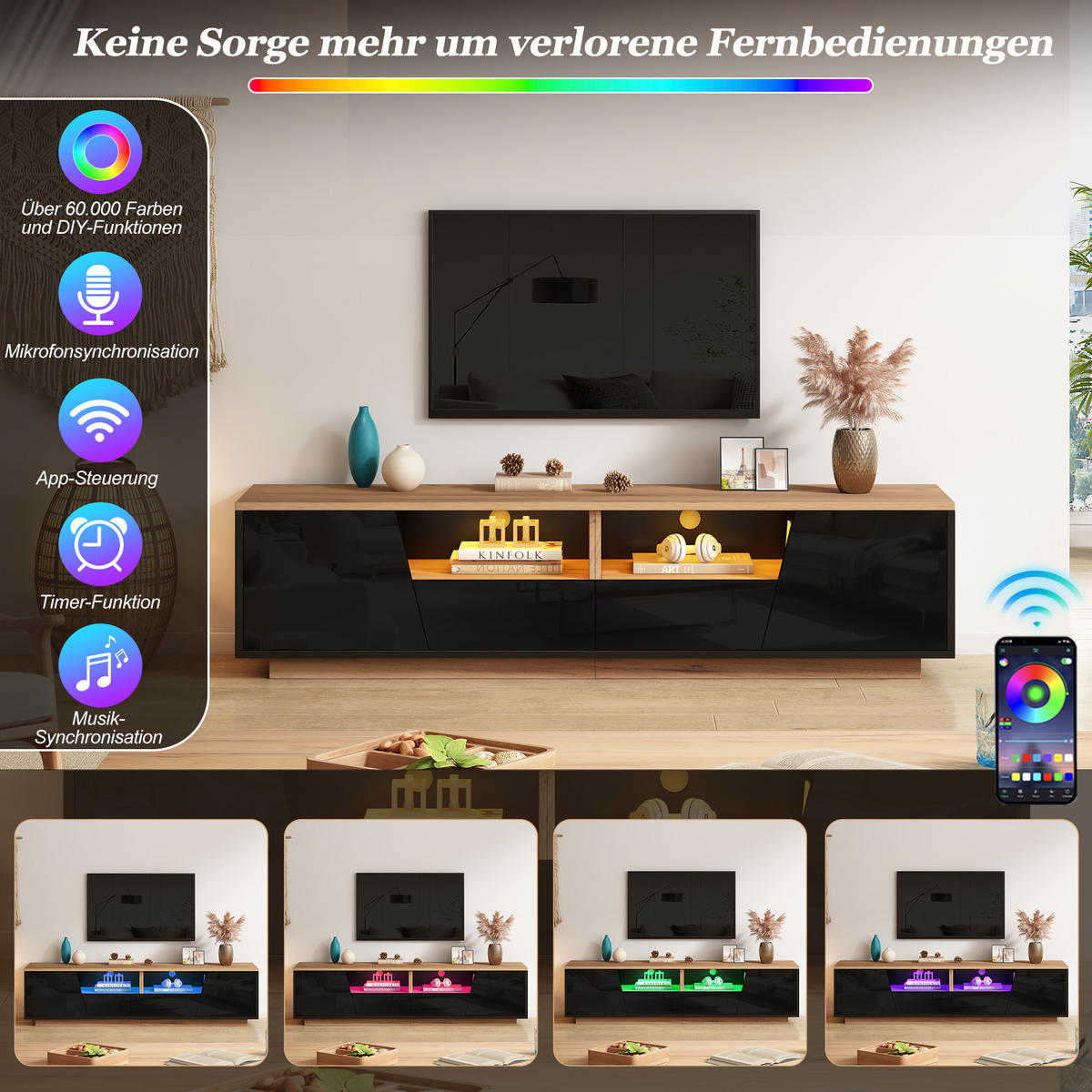 TV-SCHRANK LED Schwarz Holz 2 Schubladen 2 Türen 75 Zoll 180cm - Schwarz, Holzwerkstoff (180/46/40cm) - FLIEKS