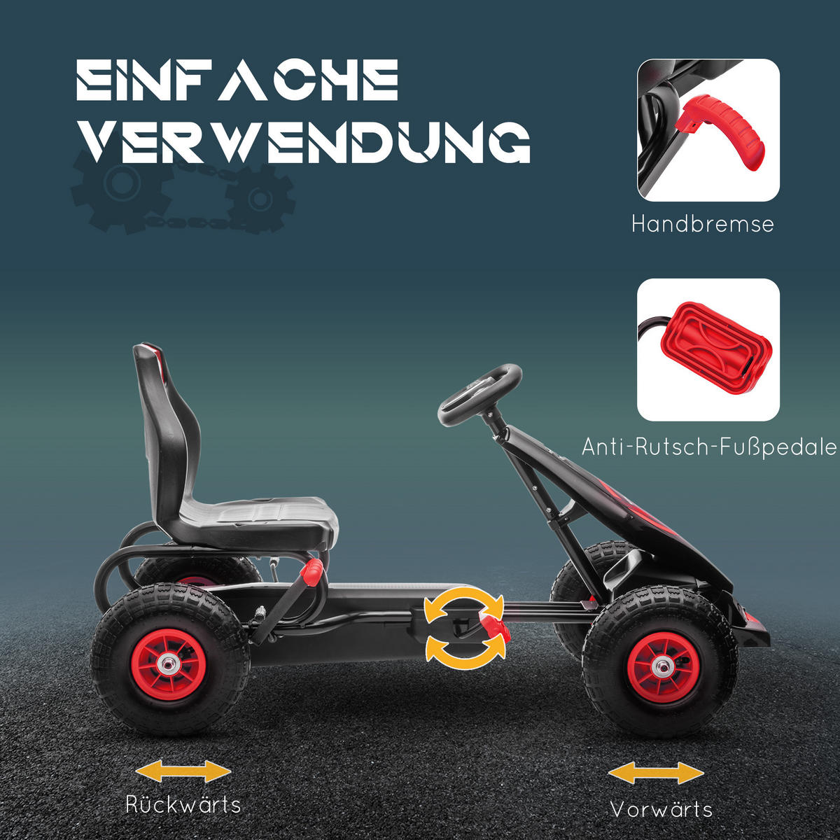 GOKART, Kinderfahrzeug mit verstellbarem Schalensitz, Tretauto, Rot+Schwarz - Rot, Metall (121/58/61cm) - HOMCOM