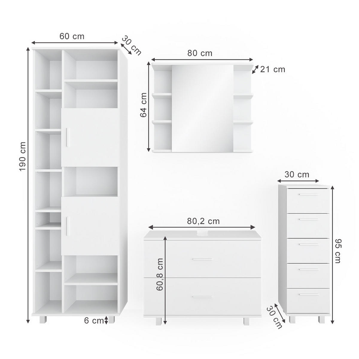 BADMÖBEL-SET Ilias Weiß 4 Teile, mit Hochschrank - Weiß, Holzwerkstoff (80.2/60.8/33cm) - Vicco