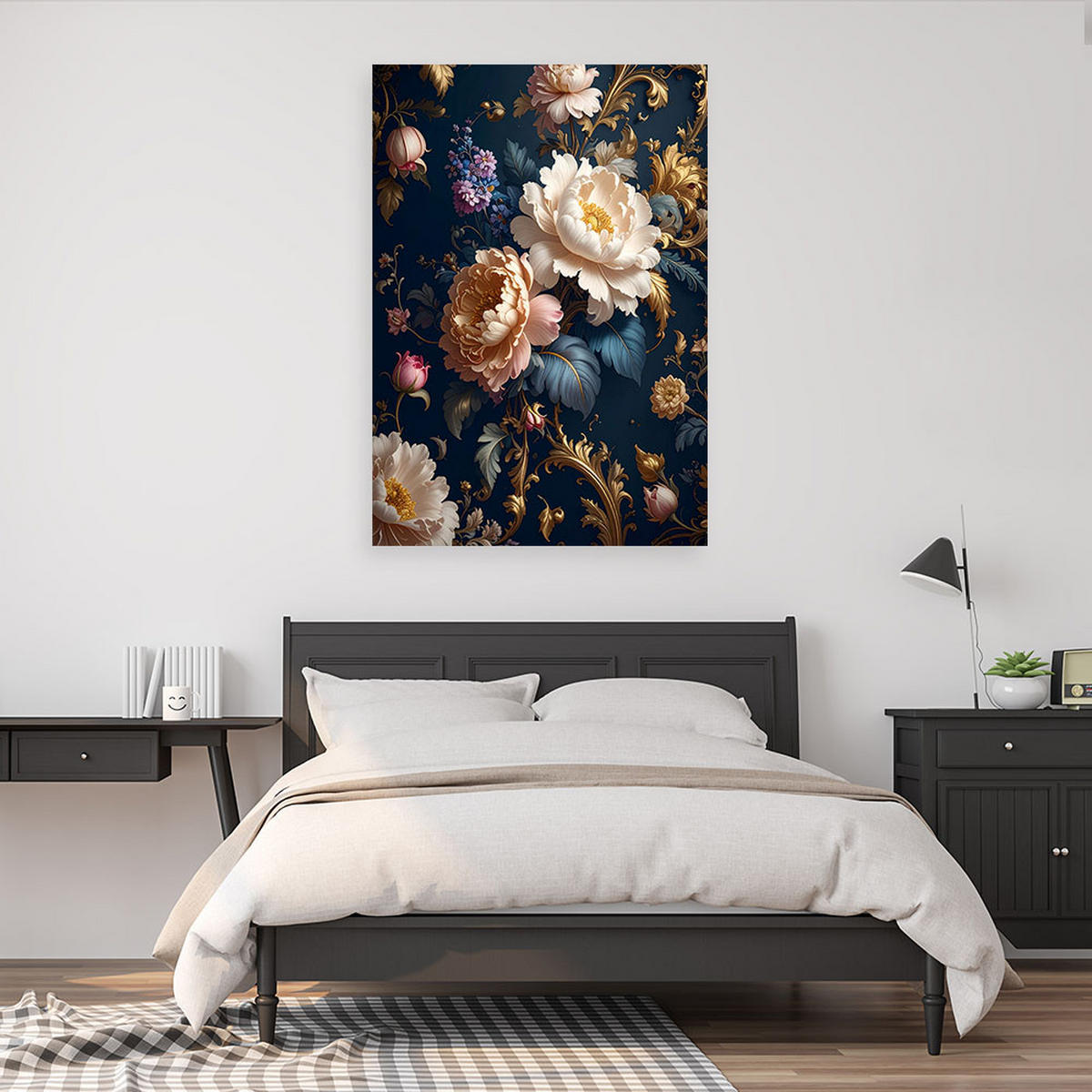 BILD auf Leinwand, Ein eleganter Strauß weißer Rosen mit Blüten auf marineblauem Hintergrund - Blau, Textil (40/60cm) - Feeby