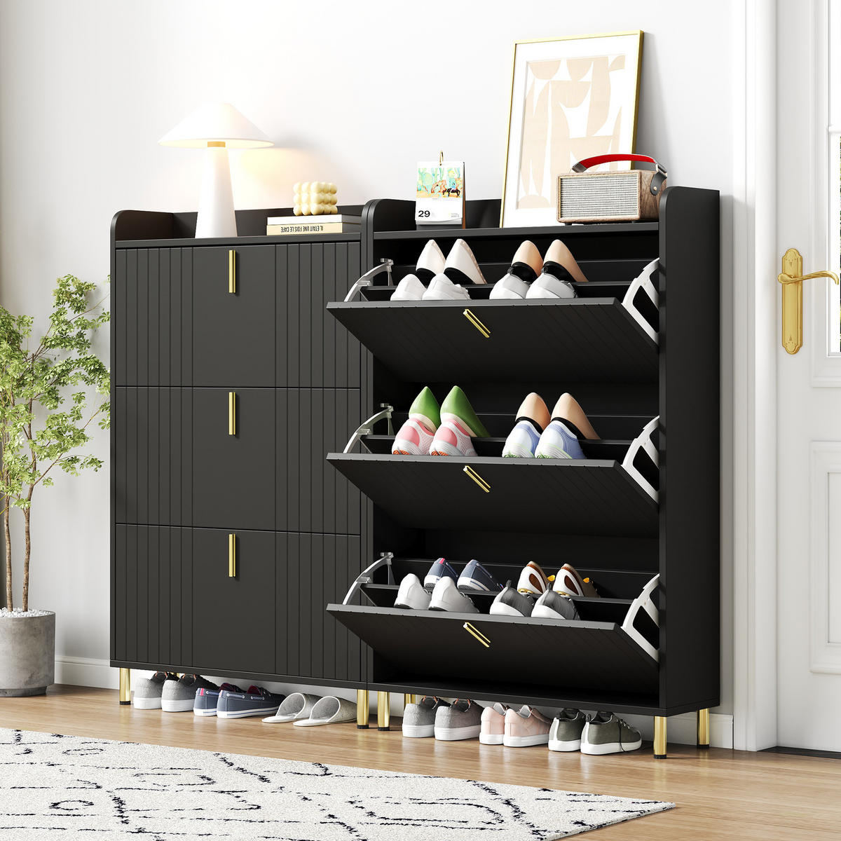 SCHUHSCHRANK aus MDF 160x23x123,5cm in Schwarz mit Metallsockel - Schwarz, Holzwerkstoff (160/123.5/23.5cm) - Modfu