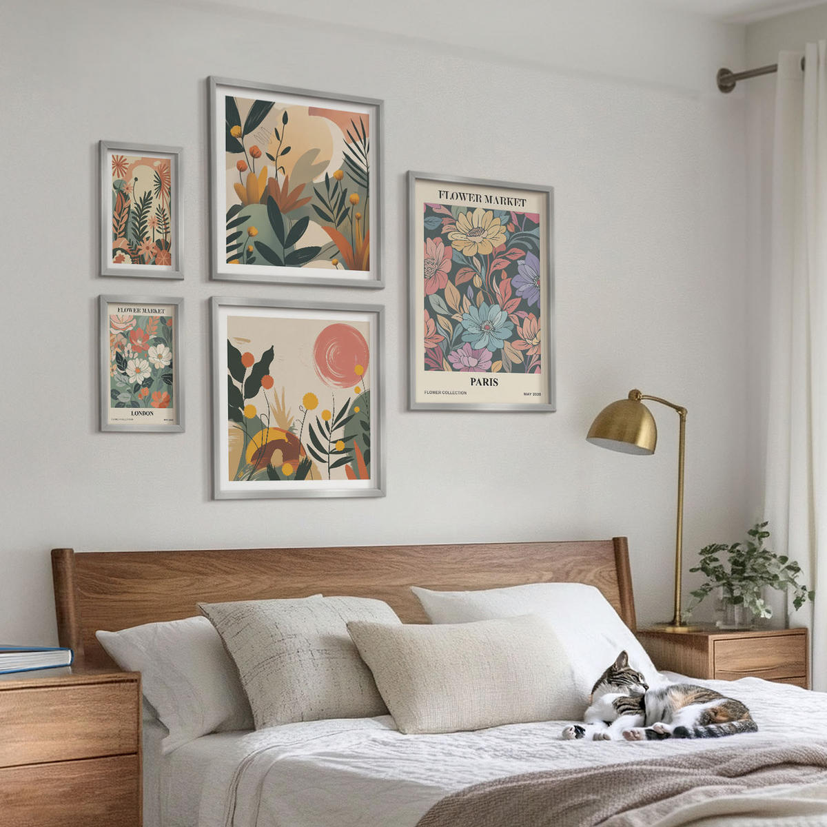 BILDER SET 5er Set - 50x50 cm & 20x30 cm & 40x60 cm Silberner Rahmen - Blumenposter Weinstadt - Silberfarben, Kunststoff (40/60cm) - TULUP
