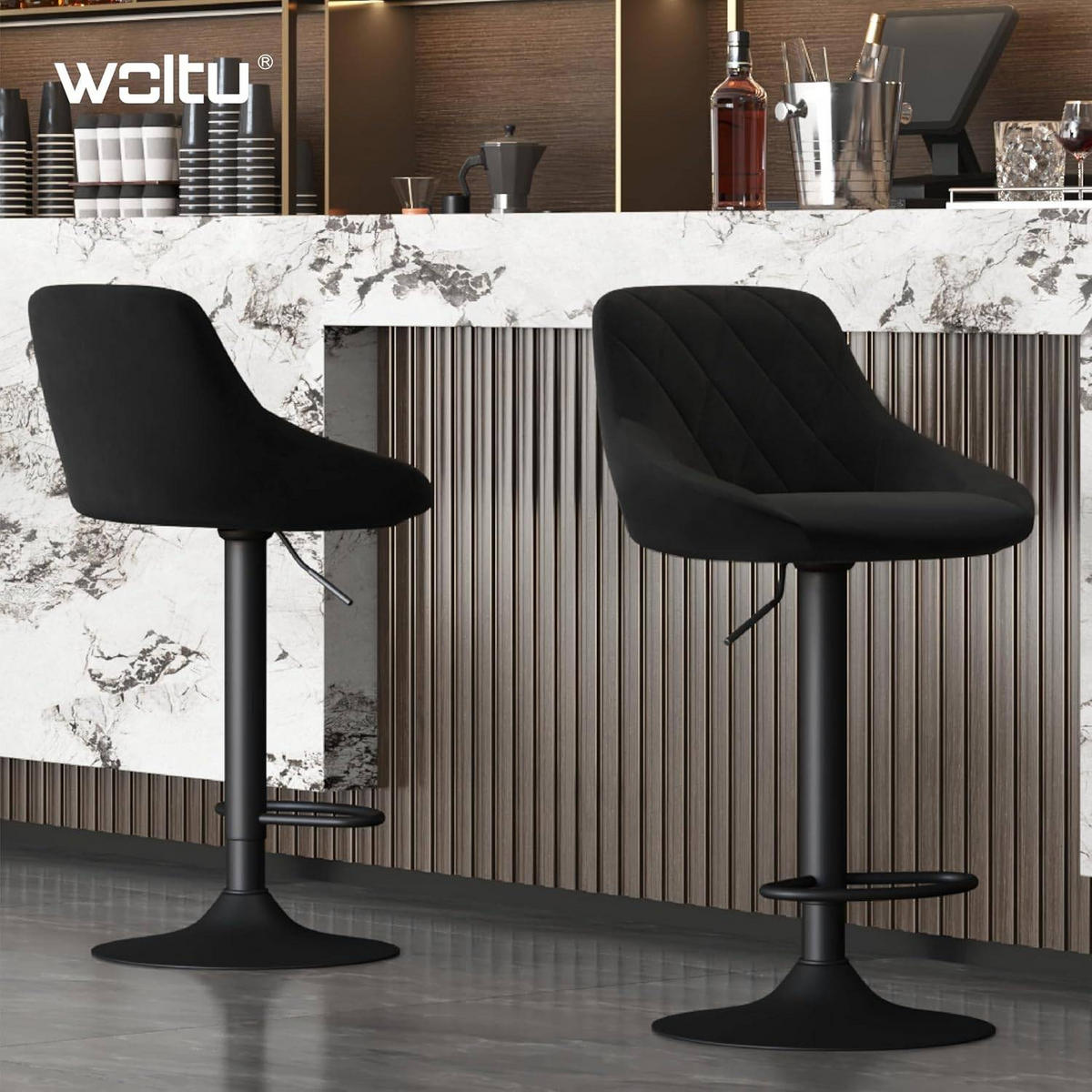 BARHOCKER aus Samt, Drehbar, Schwarz - Schwarz, Textil/Metall (47/83/39cm) - Woltu