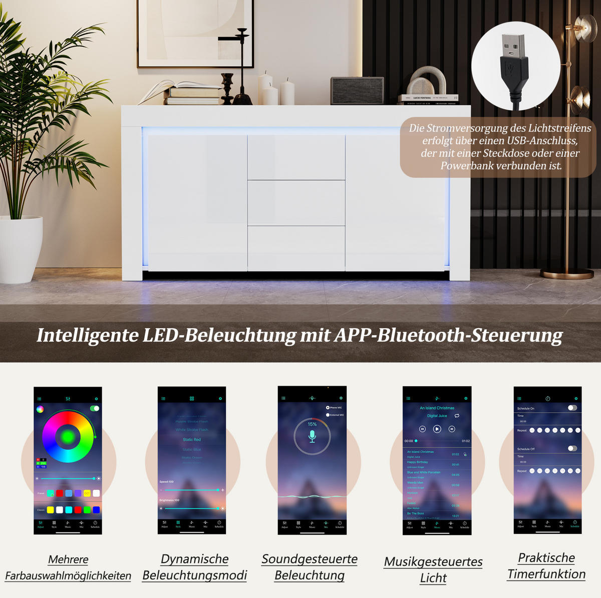 SIDEBOARD 140/40/65 cm Weiß aus MDF mit LED und Hochglanzfront - Weiß, Holzwerkstoff (140/65/40cm) - OKWISH