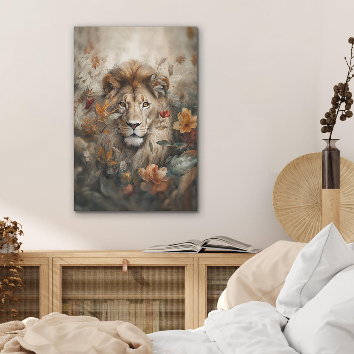 AKUSTIKBILD Löwe - Wildtiere - Pflanzen - Natur - Blumen Kunstdruck Schlafzimmer 50x70 cm - Beige, Kunststoff (50/70/0.9cm) - MuchoWow