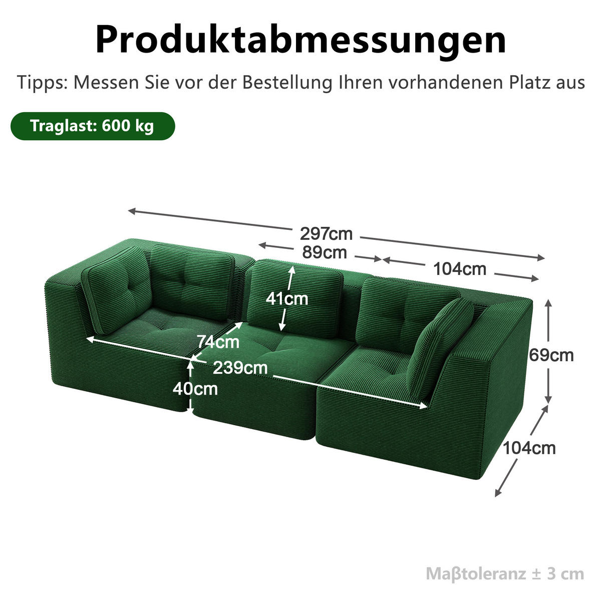 3-SITZER-SOFA DE-34220 mit Tiefsitz Grün - Grün, Textil (104/69/297cm) - ComfortXL