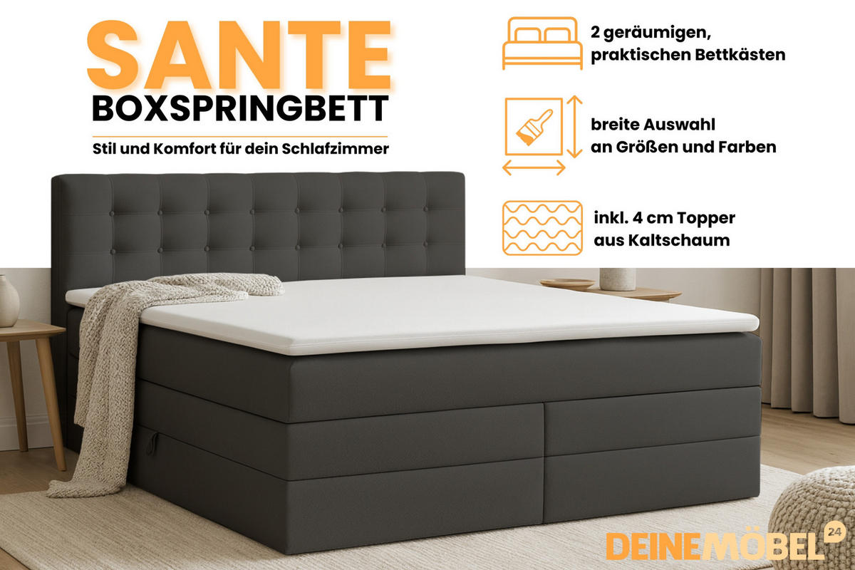 BOXSPRINGBETT SANTE 140/200 in Velour Anthrazit - Anthrazit, Holz/Holzwerkstoff (140/200cm) - Deine Möbel 24