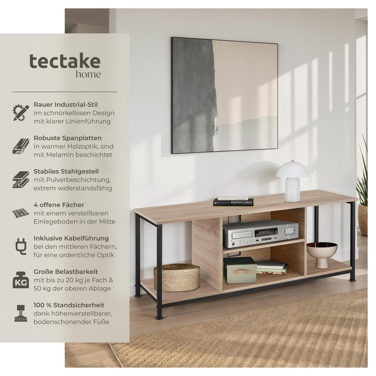 TV-REGAL Denver,120 x 40 x 50,5 cm,Industrial Holz hell, Eiche Sonoma - Naturfarben, Holzwerkstoff (40/50.5/120cm) - tectake