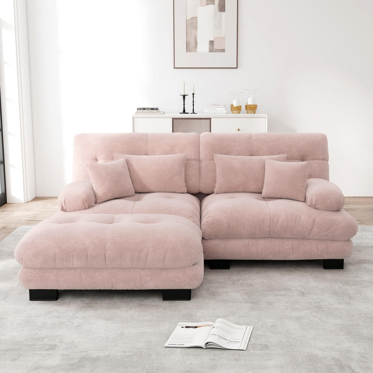 ECKSOFA Chenille Pink mit Kissen und Ottomane - Rosa, Textil (220/145cm) - WISHDOR
