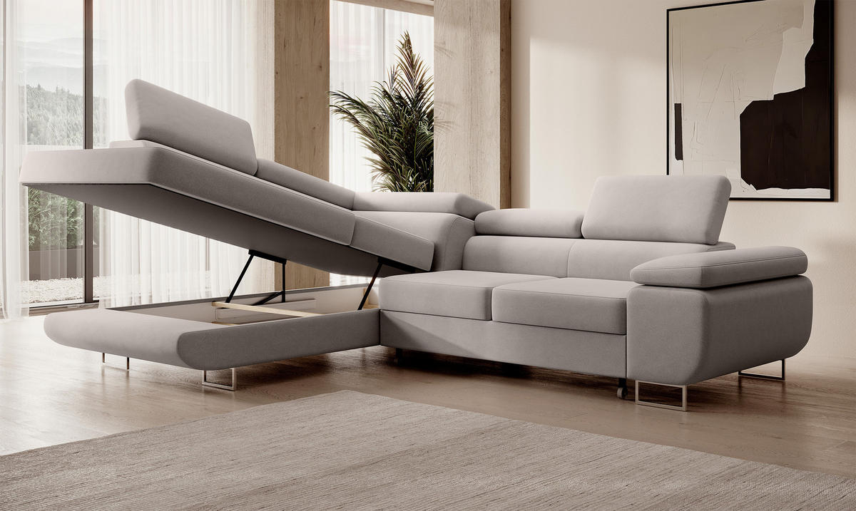 ECKSOFA Stevil Cremeweiß Velours - Silberfarben/Creme, Textil/Metall (275/203cm) - Selsey