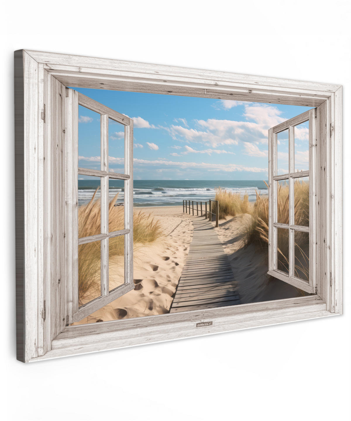 LEINWANDBILD Fenster - Meer - Küste - Natur - Ausblick - Strand - Wattenmeer Wohnzimmer 120x80 cm - Beige, Textil (120/80cm) - MuchoWow