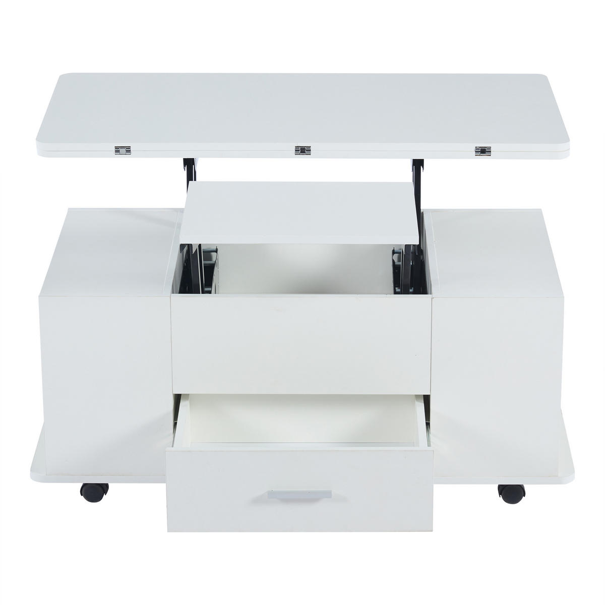 COUCHTISCH 100/50/45 cm Weiß mit Höhenverstellbar und 4 Hockern aus Spanplatte - Weiß, Holzwerkstoff (100/50/45cm) - OKWISH